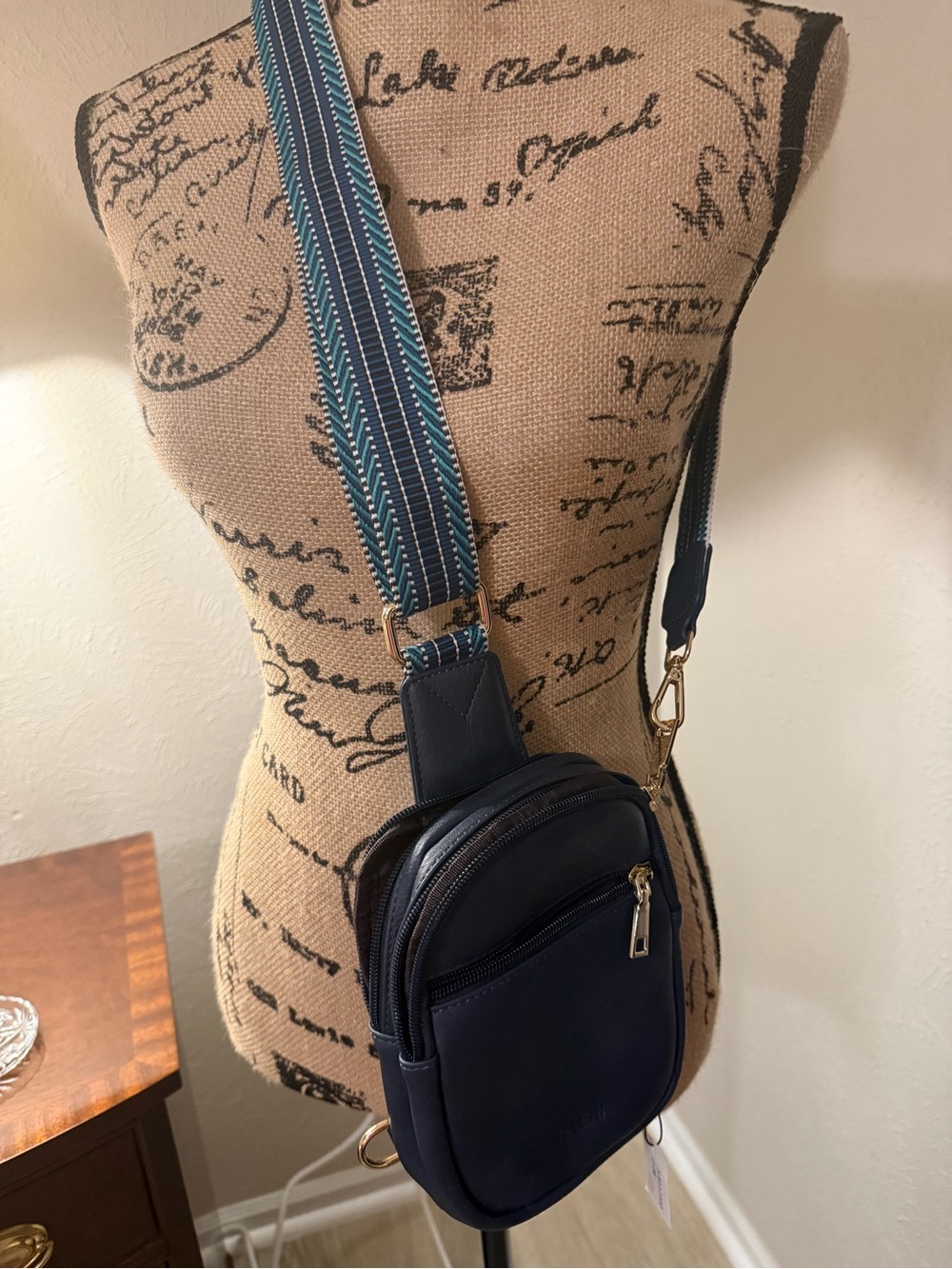 Navy Crossbody Bag with Striped Adjustable Strap-Brand New